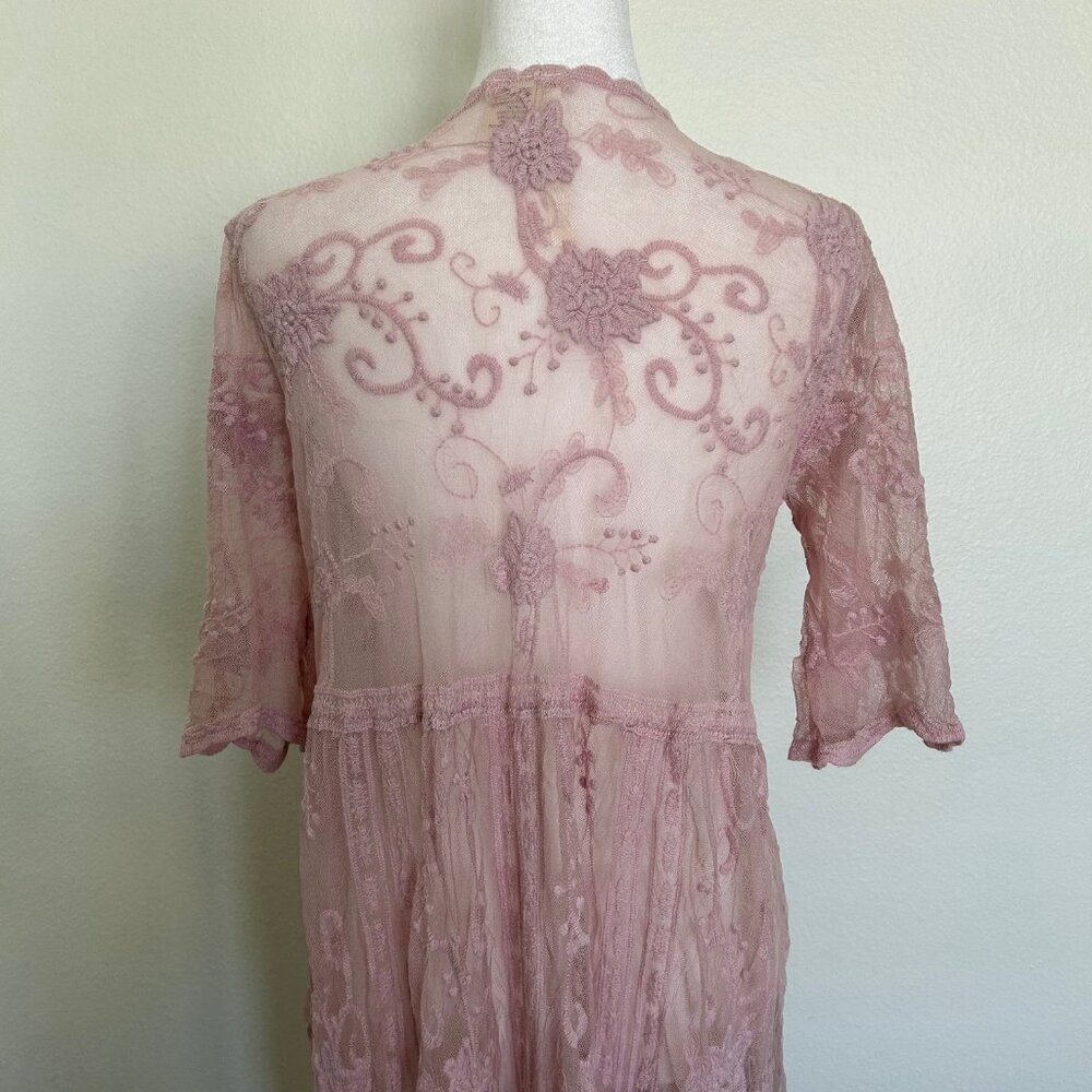 Forgotten Grace Pink Lace Cardigan Duster Tie Front Romantic Boho Topper Sheer - Picture 3 of 7